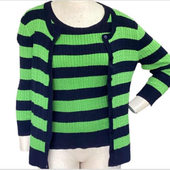 Talbots Cotton Cardigan Twinset Cable Knit Striped Sz PM Navy Blue & Green 91Q - Picture 2 of 10